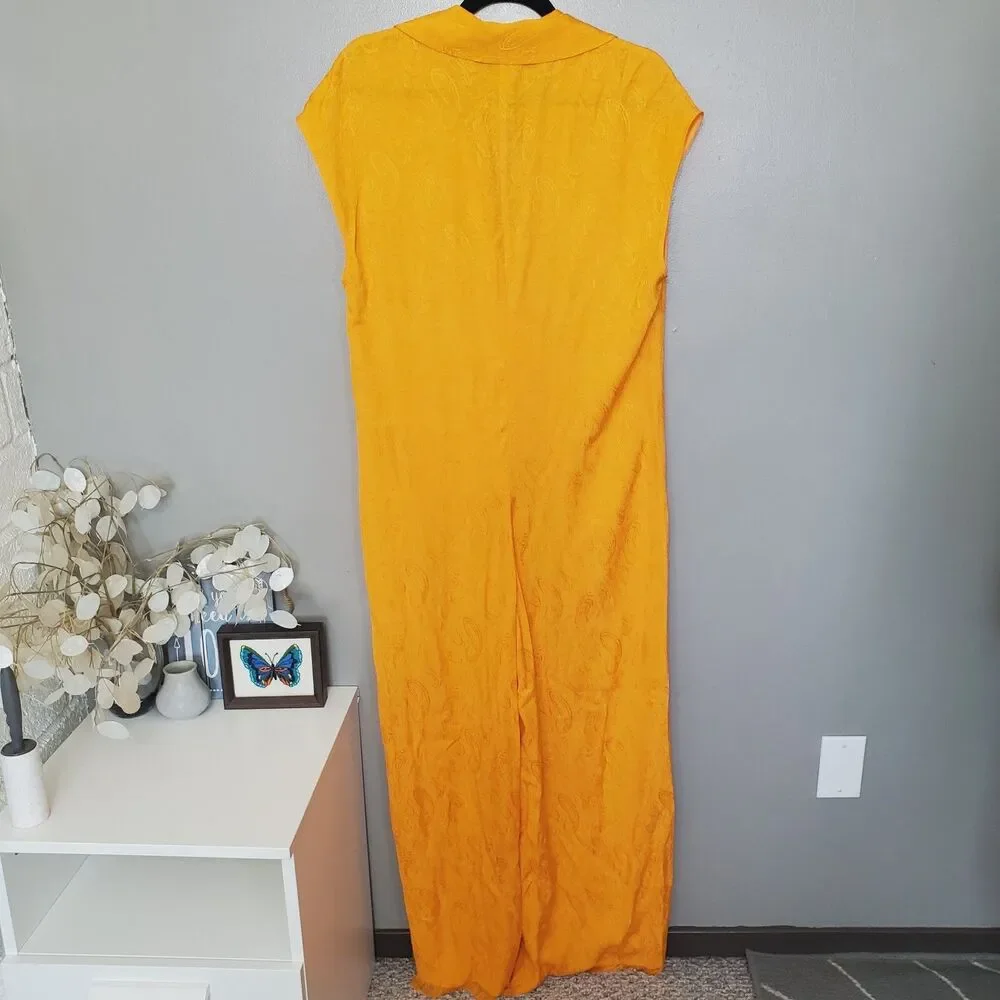 Zara Jumpsuit Womens Size Large Orange Yellow Jacquard Full Length Frayed Hem - Picture 4 of 11
